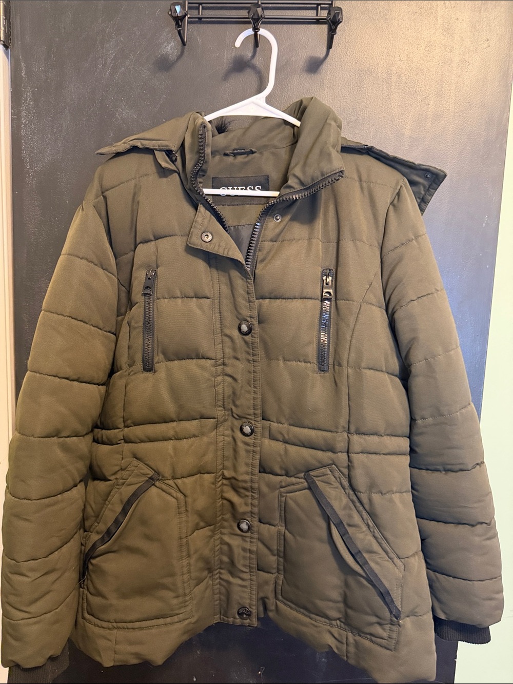 GUESS Olive Green Hooded Winter Puffer Jacket Size XL
